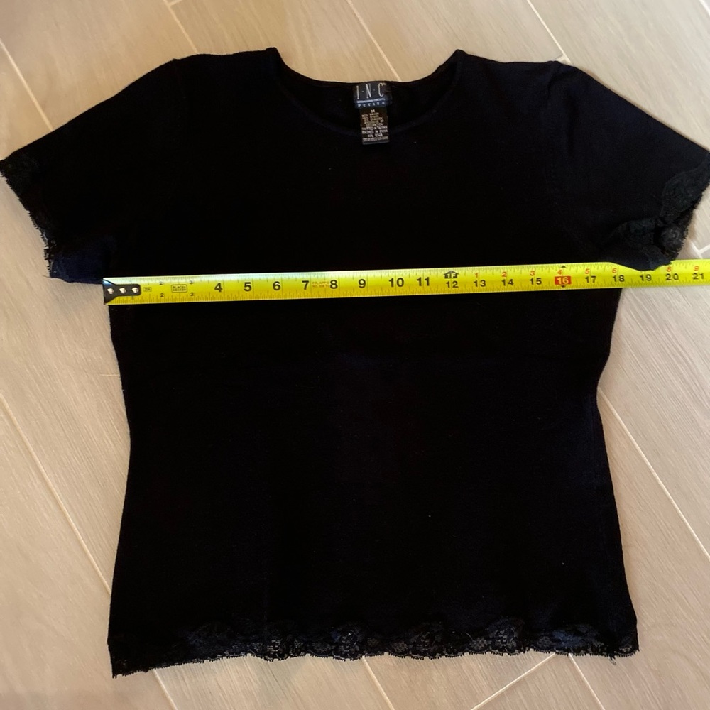 INC vintage black knit top with lace hem detail